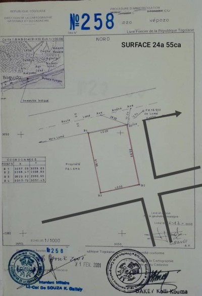 4 lots collés cloturés avec titre foncier au bord du goudron