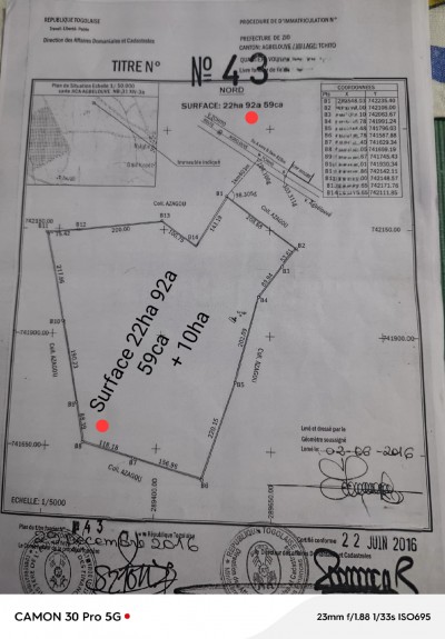 22 hectares agricole avec titre foncier à 10.4km du goudron