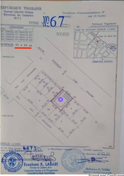 1 lot 1/4 cloturé avec titre foncier au bord du goudron